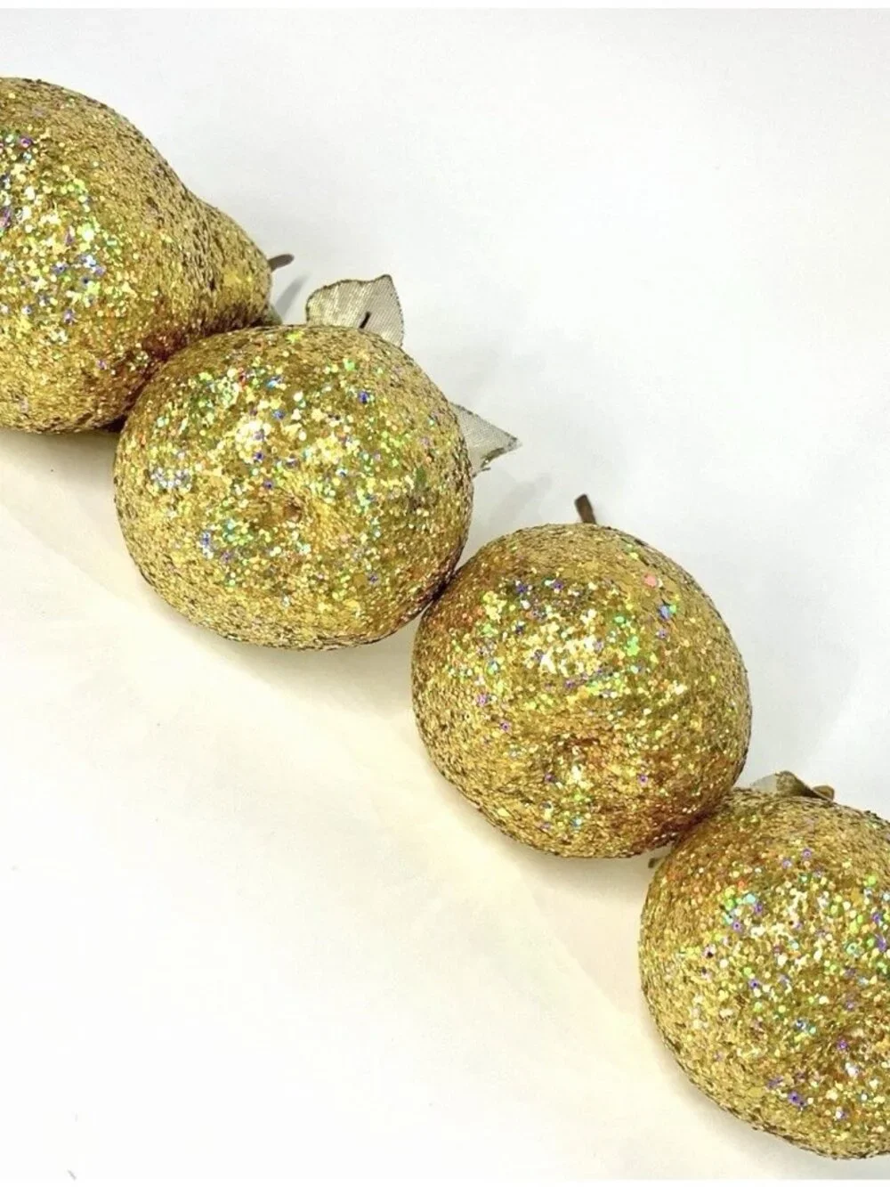 4 Sequin Gold Pear Faux Fruit Jewel Glitter Leaves Decorative Holiday Decor 5”